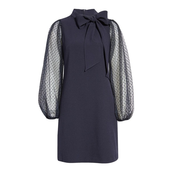 NWT Vince Camuto Bow Neck Sheer Puffy Polka Dot Long Sleeve Shift Dress - Picture 5 of 15